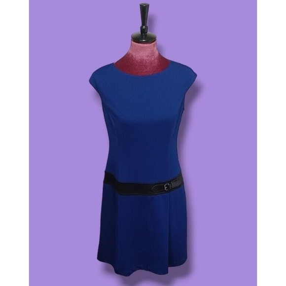 Maggy London Cap Sleeve Womens Size 10 Blue Midi Dress Built-In Black Belt NEW - Picture 10 of 10